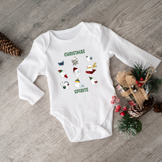 Christmas Spirits Green Words | Baby Graphic Long Sleeve Onesie