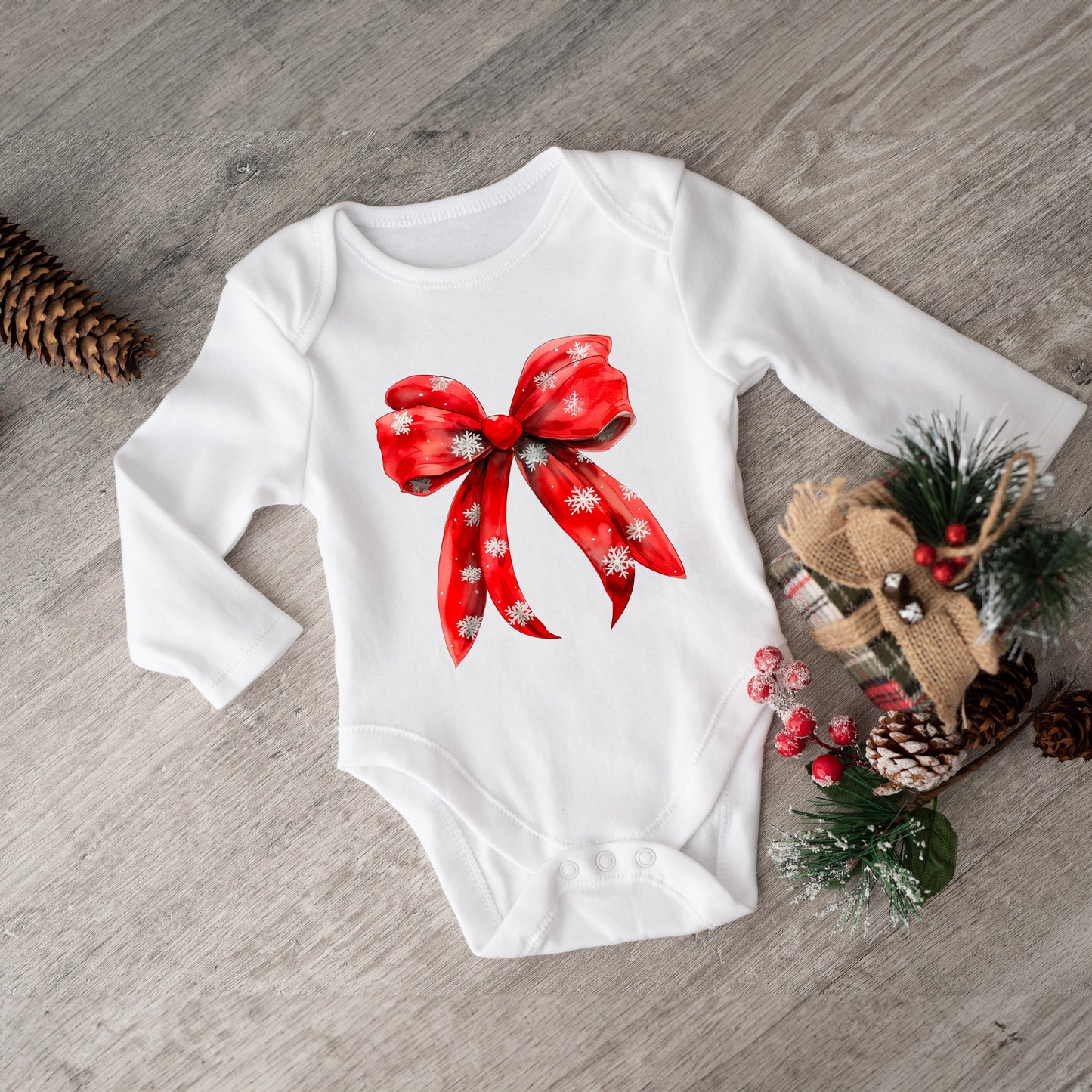 Coquette Christmas Snowflake Bow | Baby Graphic Long Sleeve Onesie