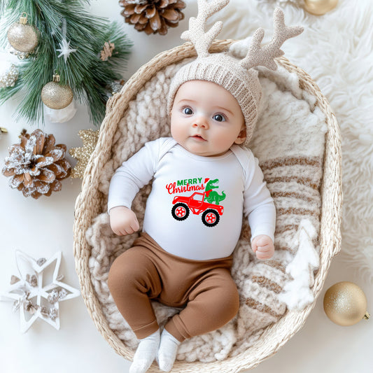 Christmas Dino Truck | Baby Graphic Long Sleeve Onesie