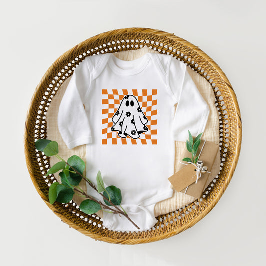 Checkered Flower Ghost | Baby Graphic Long Sleeve Onesie