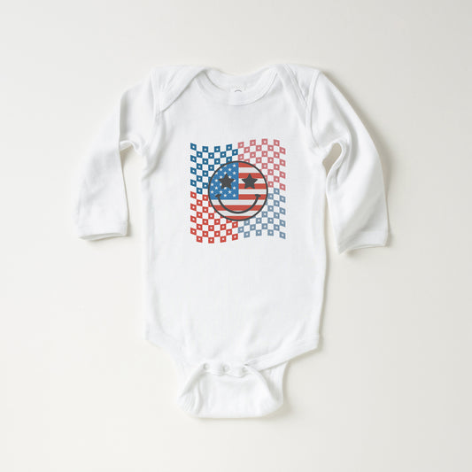 Checkered Patriotic Smiley Face | Baby Long Sleeve Onesie