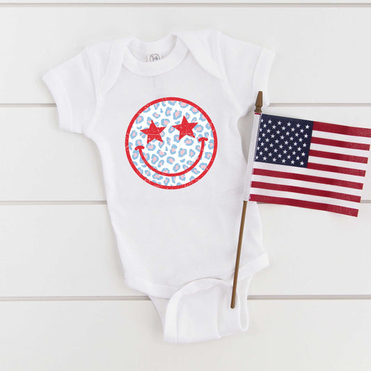 Leopard Patriotic Smiley Face | Baby Graphic Short Sleeve Onesie