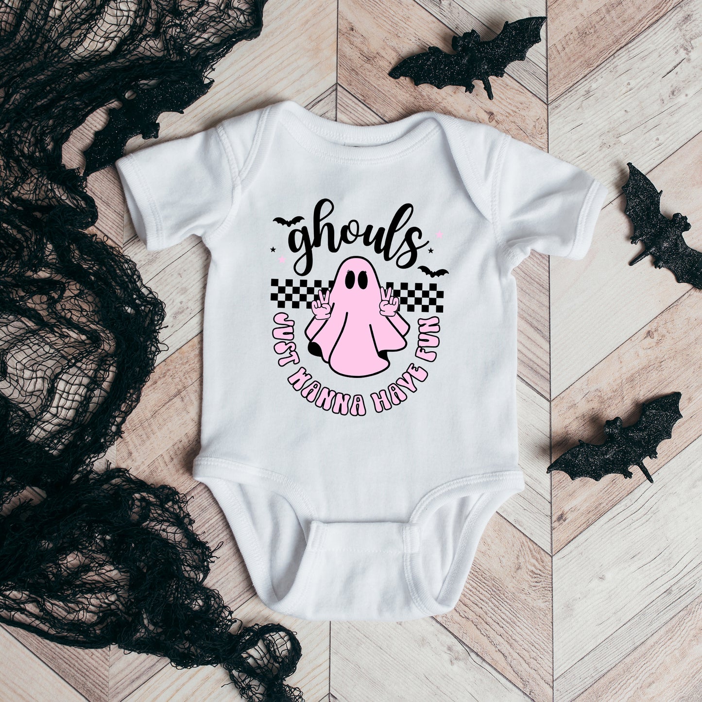 Just Wanna Have Fun Checkered | Baby Graphic Short Sleeve Onesie