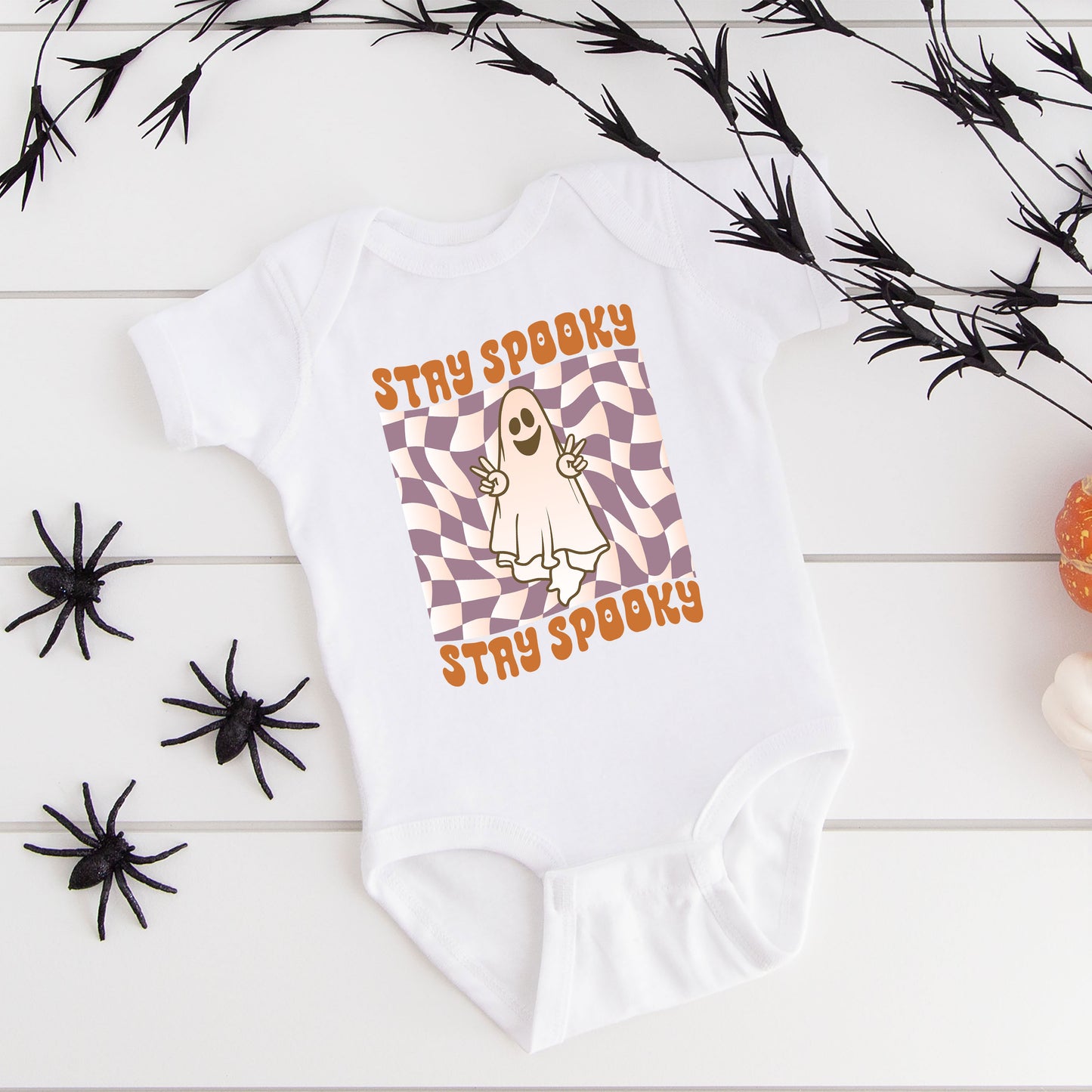 Checkered Stay Spooky Ghost | Baby Graphic Short Sleeve Onesie