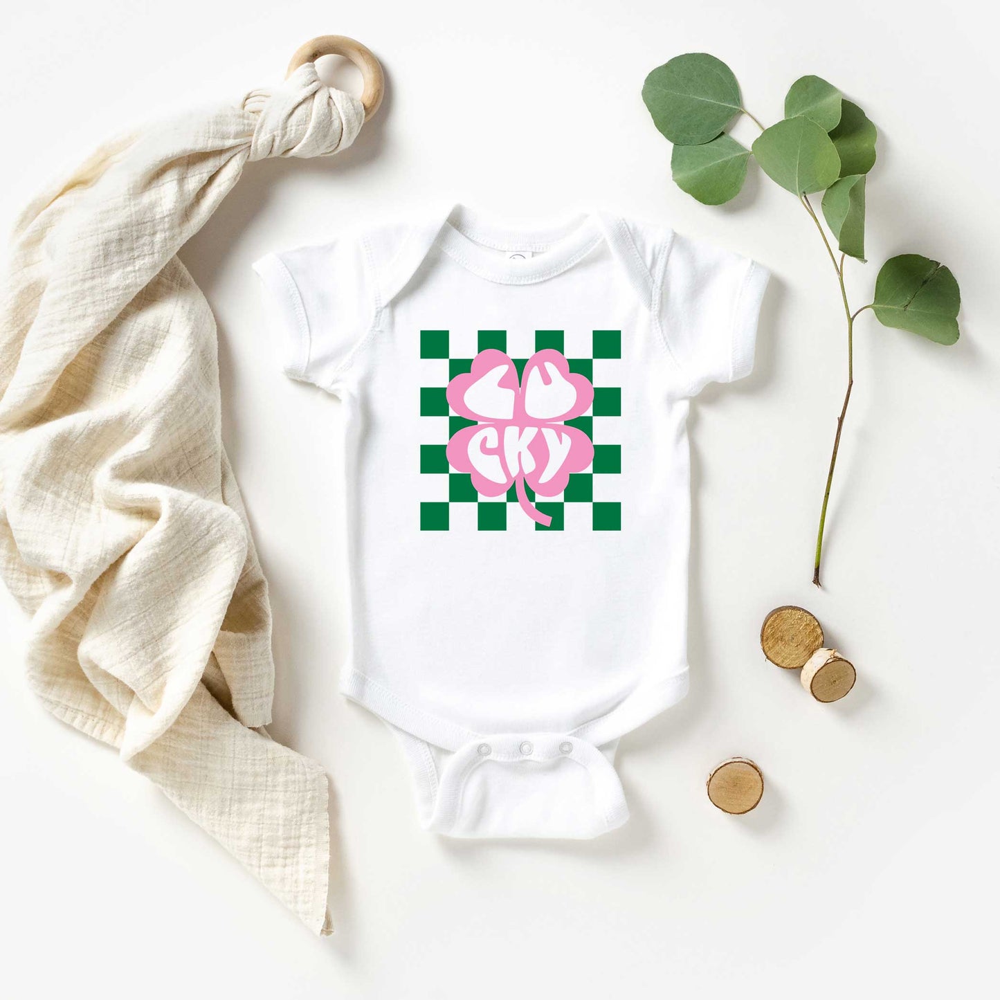 Lucky Clover Checkered | Baby Graphic Short Sleeve Onesie