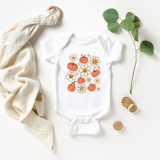 Distressed Flowers And Pumpkins | Baby Graphic Short Sleeve Onesie