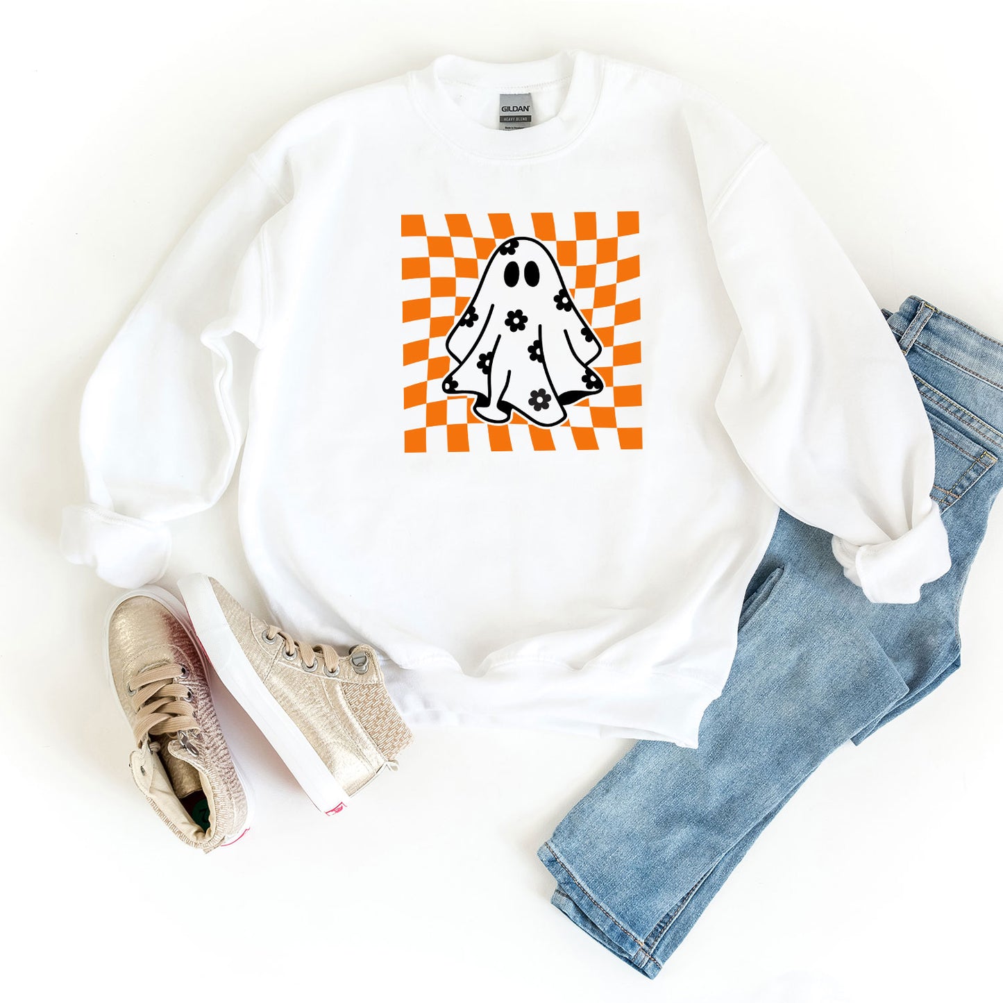 Checkered Flower Ghost | Youth Graphic Sweatshirt