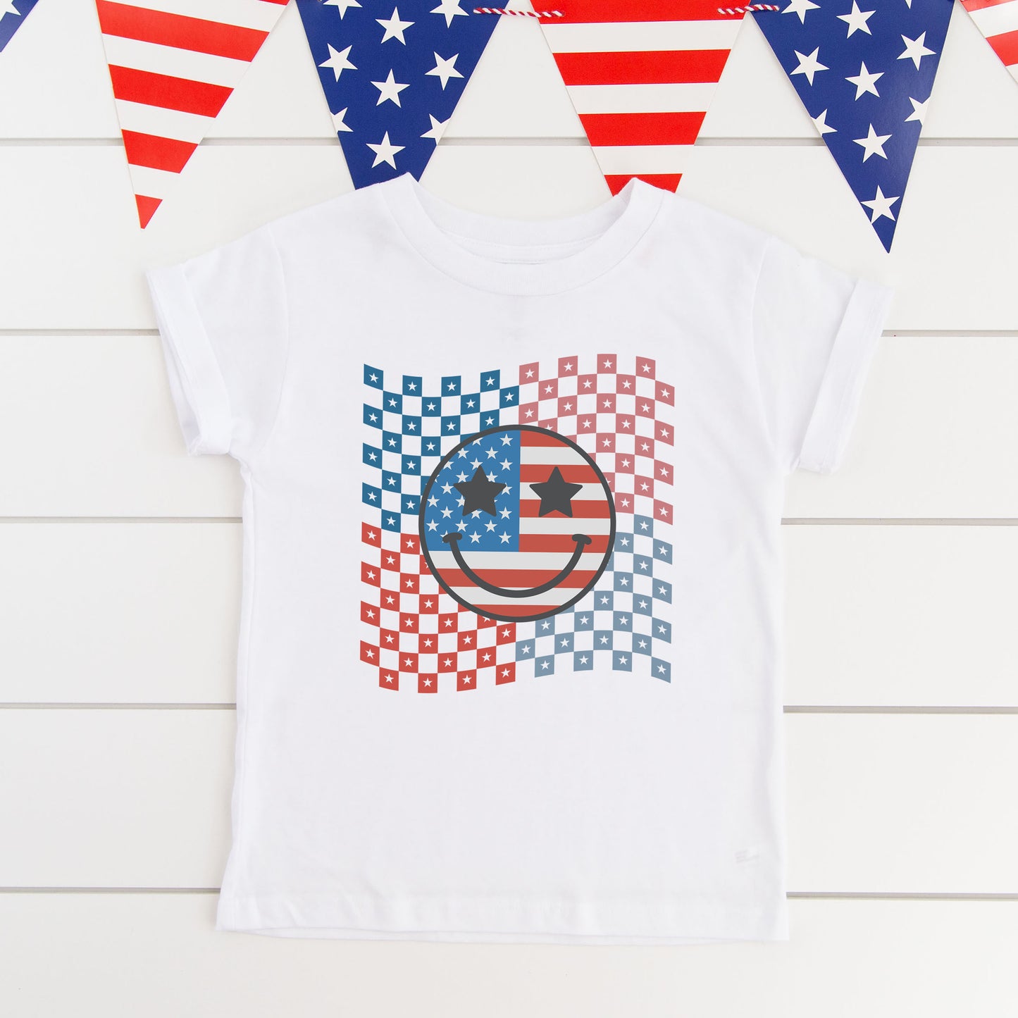 Checkered Patriotic Smily Face | Toddler Short Sleeve Crew Neck