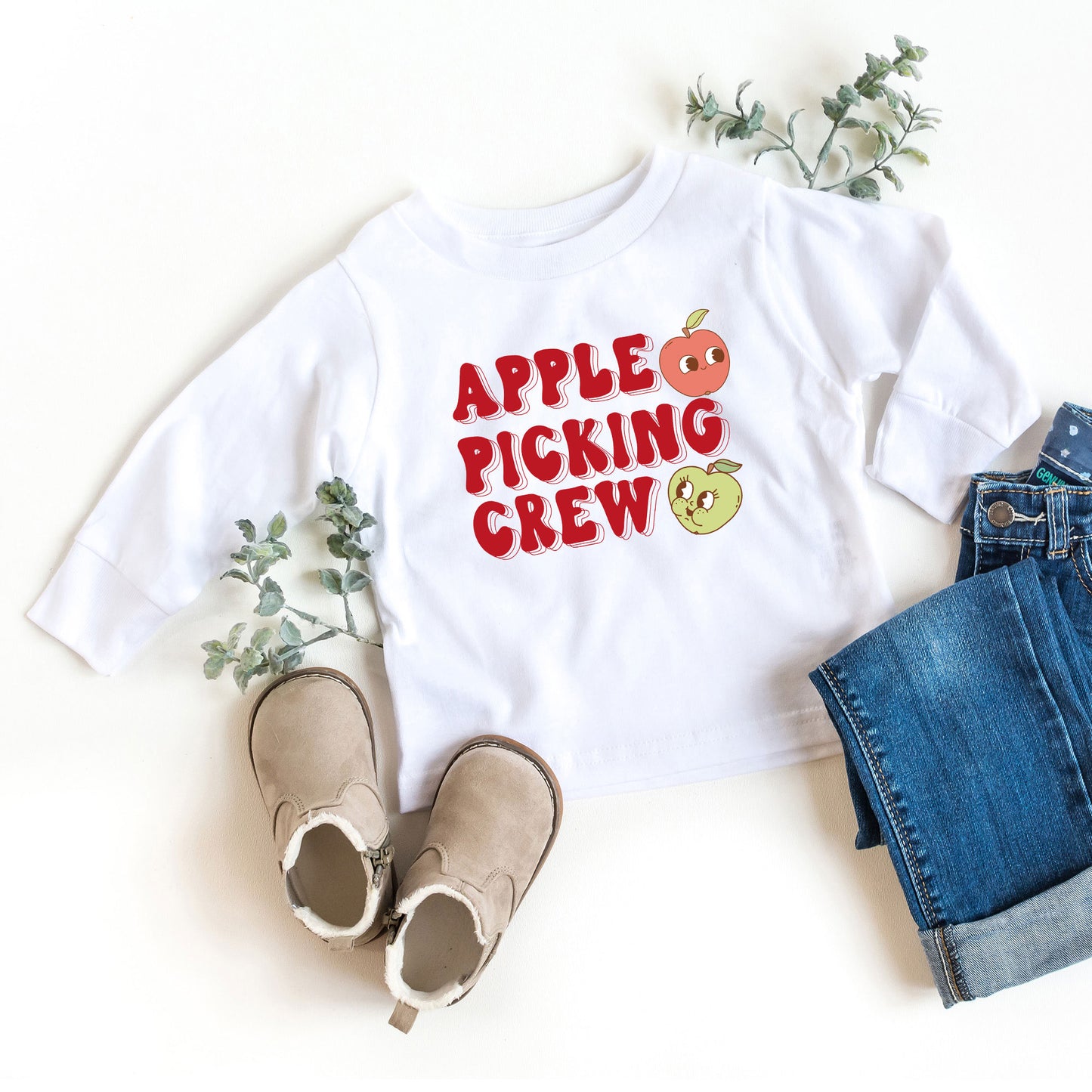 Cartoon Apple Picking Crew | Toddler Graphic Long Sleeve Tee