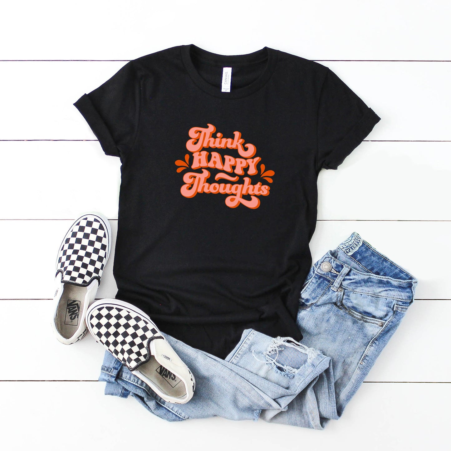 Retro Think Happy Thoughts | Youth Short Sleeve Crew Neck