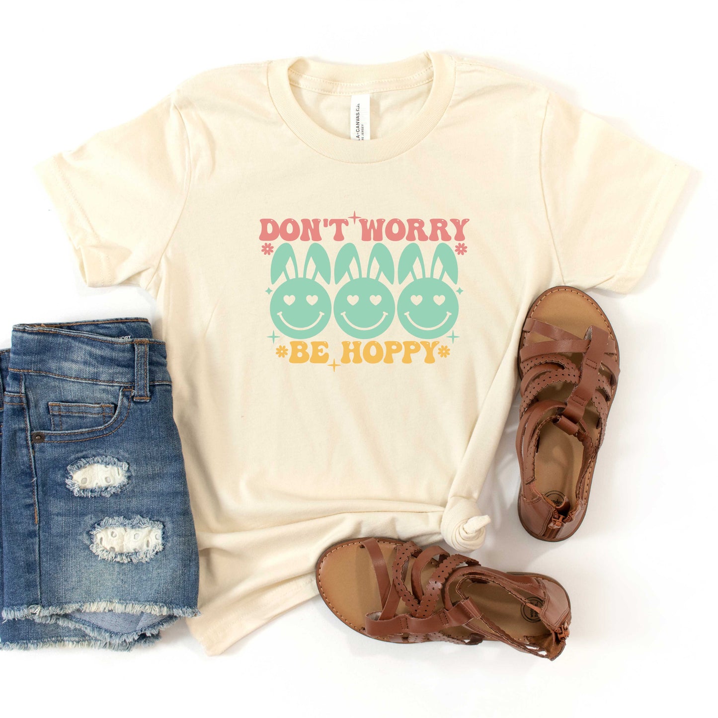 Don't Worry Be Hoppy Smiley Face With Ears | Youth Short Sleeve Crew Neck