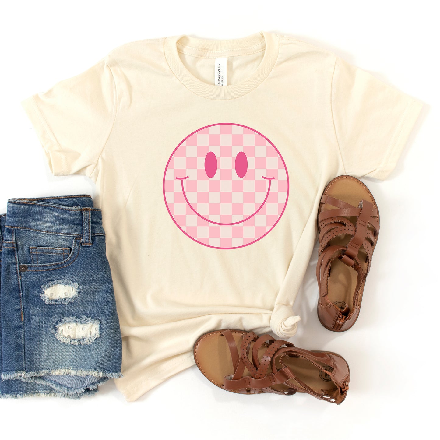 Pink Checker Smiley Face | Youth Short Sleeve Crew Neck