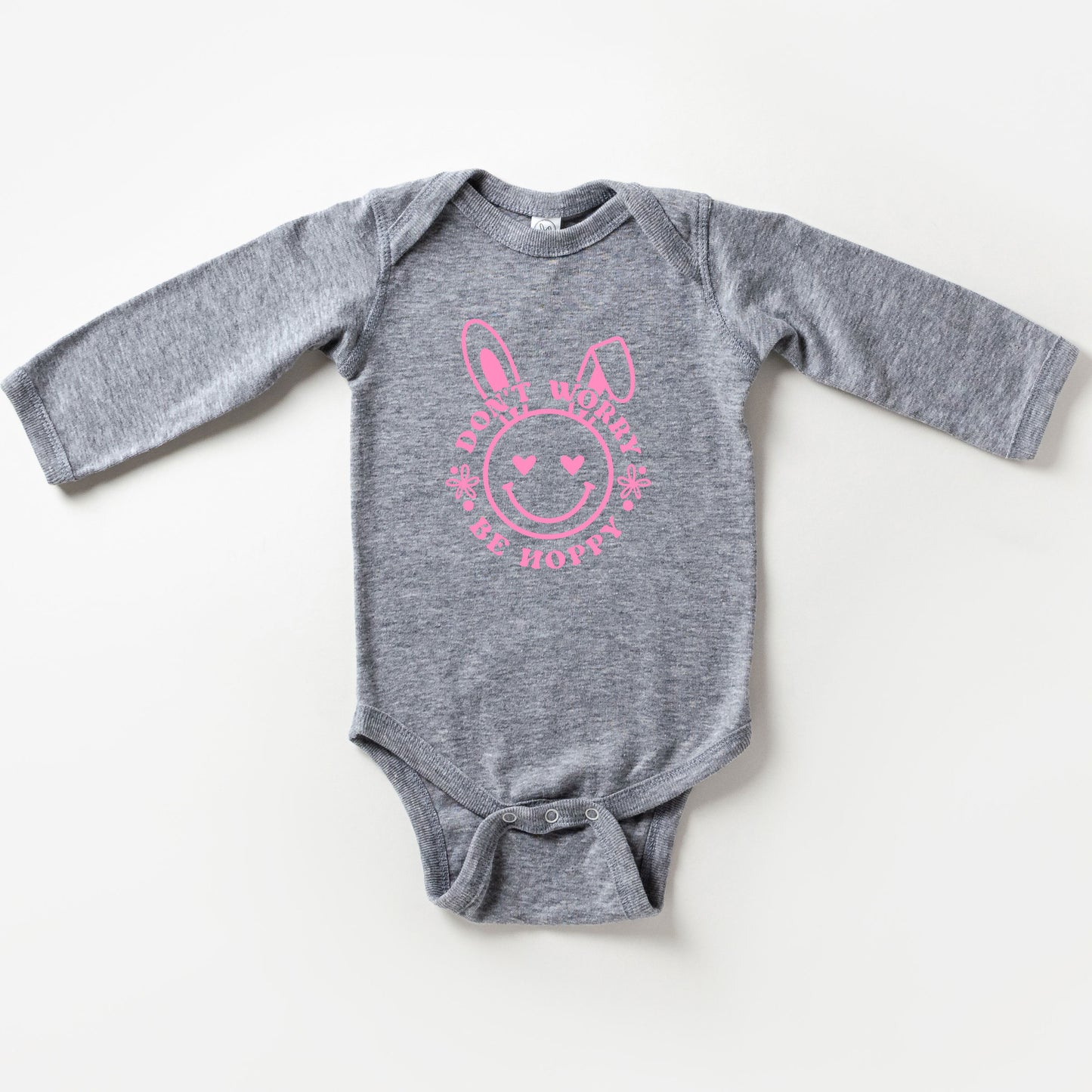 Don't Worry Be Hoppy Smiley Bunny | Baby Long Sleeve Onesie