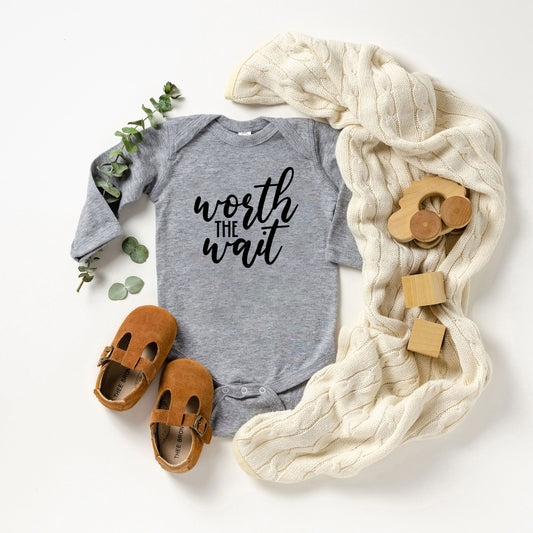 Worth The Wait Fancy Script | Baby Long Sleeve Onesie