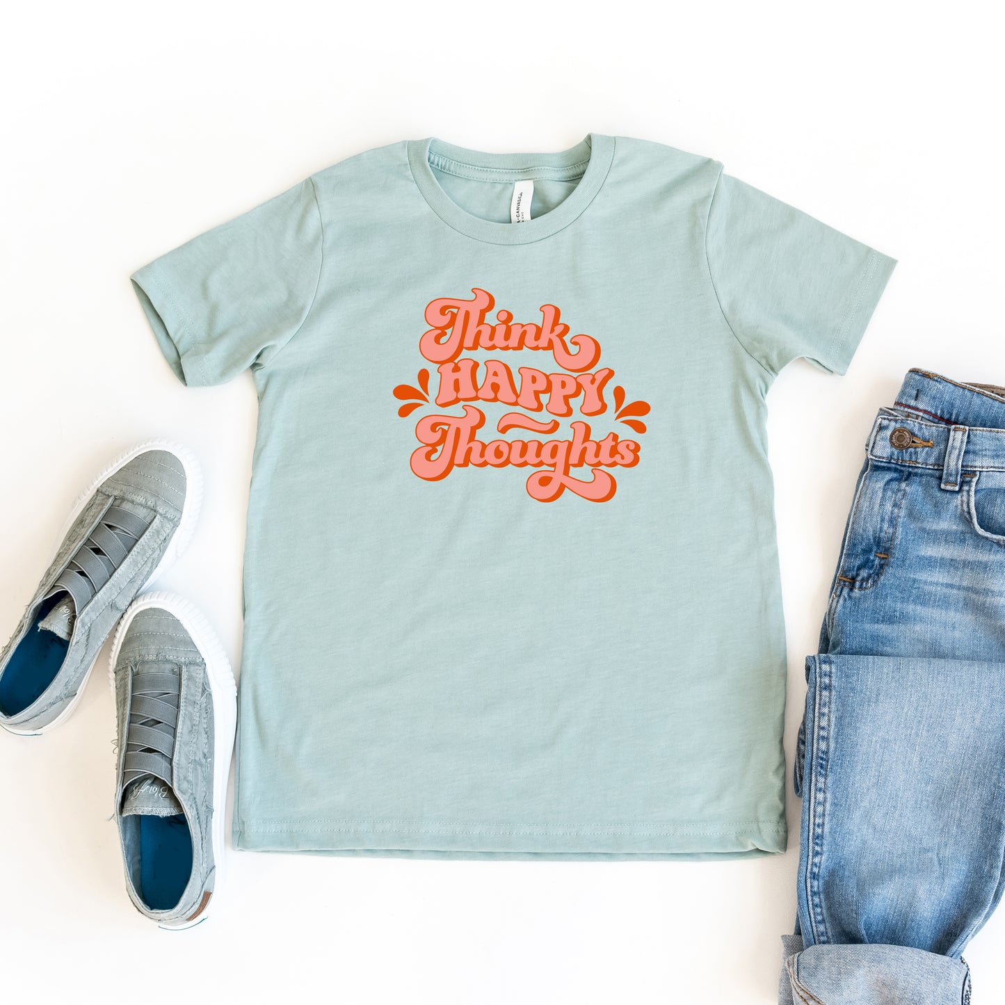 Retro Think Happy Thoughts | Youth Short Sleeve Crew Neck