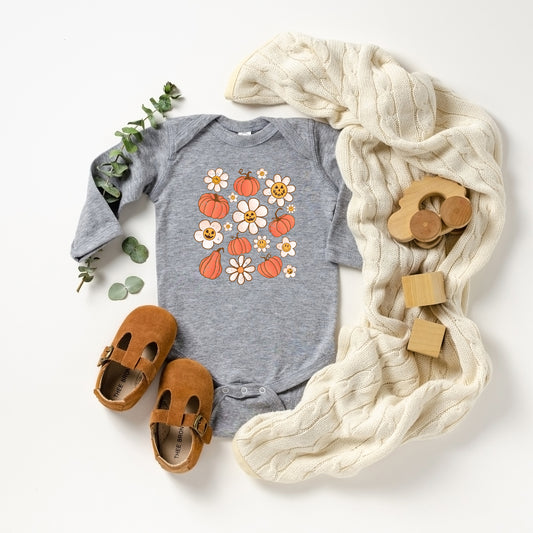 Distressed Flowers And Pumpkins | Baby Long Sleeve Onesie