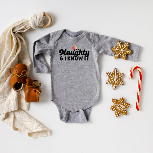 Naughty And I Know It Lights | Baby Long Sleeve Onesie