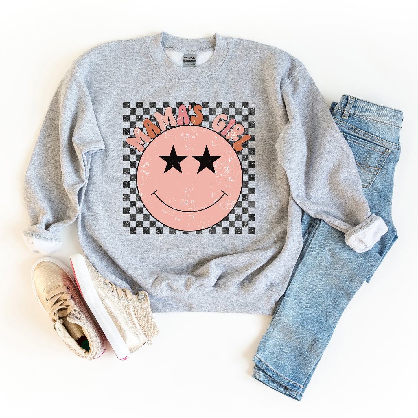 Mama's Girl Checkered Smiley Face | Youth Sweatshirt