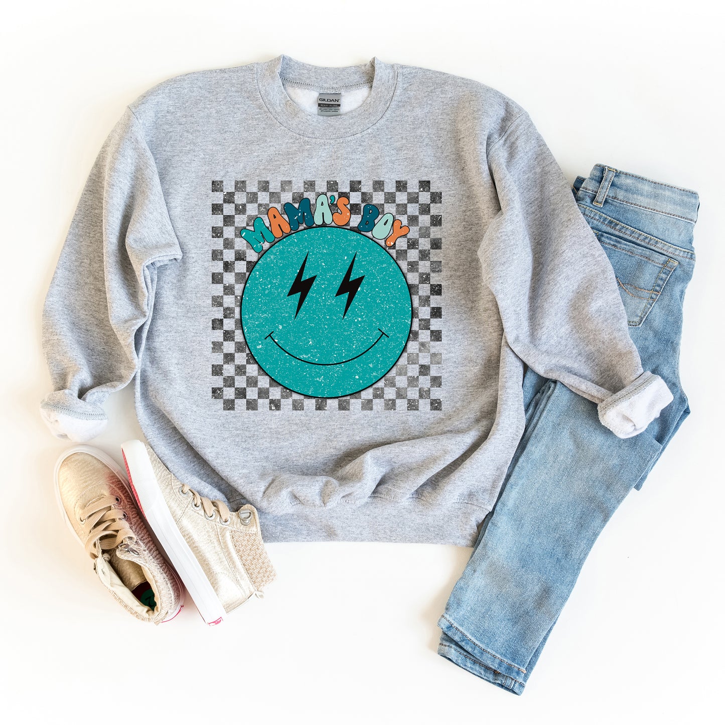 Mama's Boy Checkered Smiley Face | Youth Sweatshirt