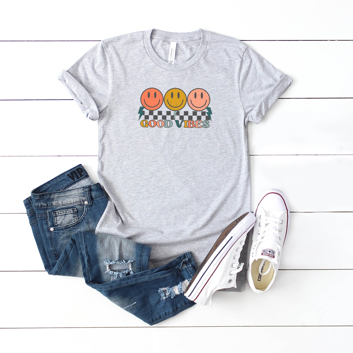 Checkered Good Vibes Smiley Face | Youth Short Sleeve Crew Neck