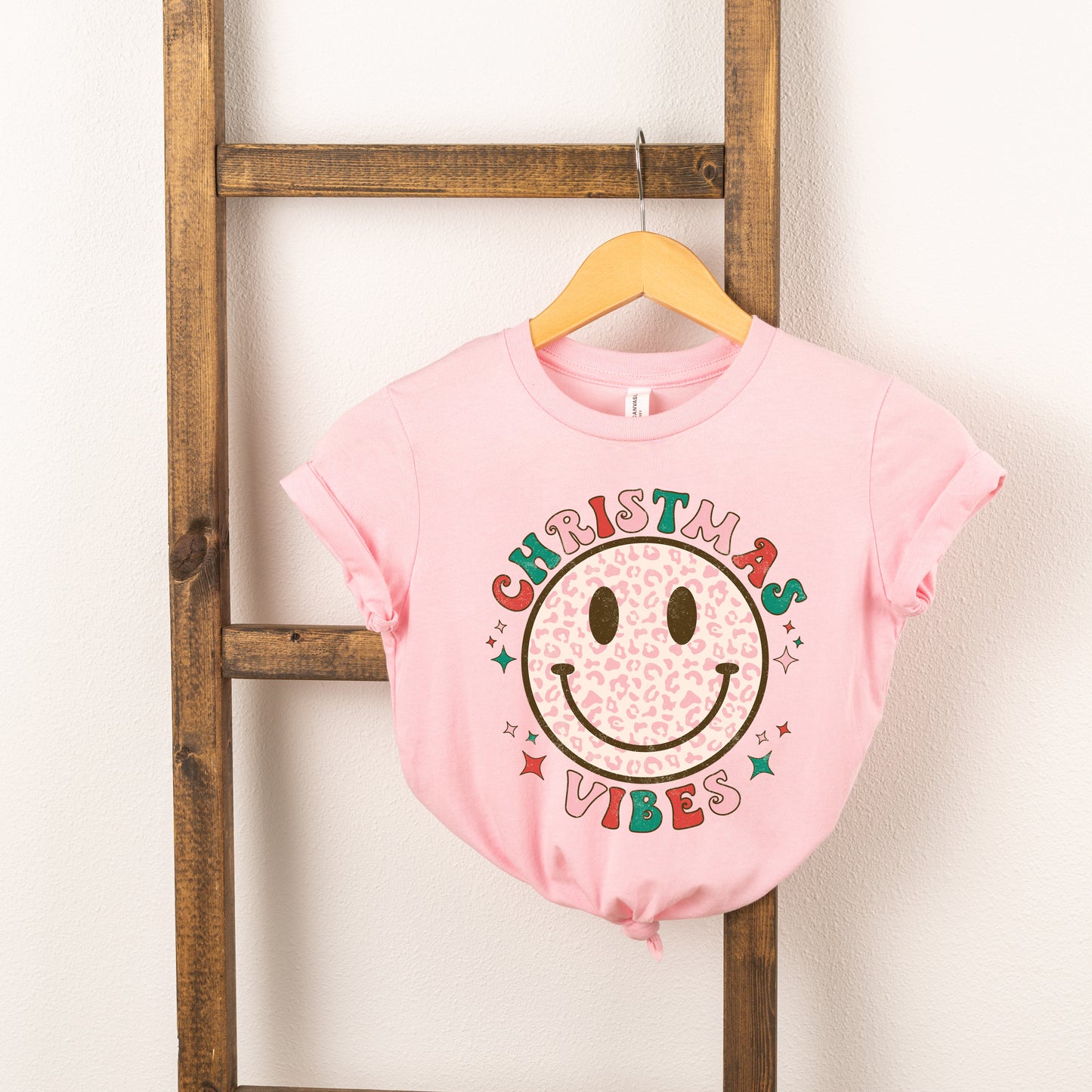 Retro Smiley Face Christmas Vibes | Toddler Short Sleeve Crew Neck