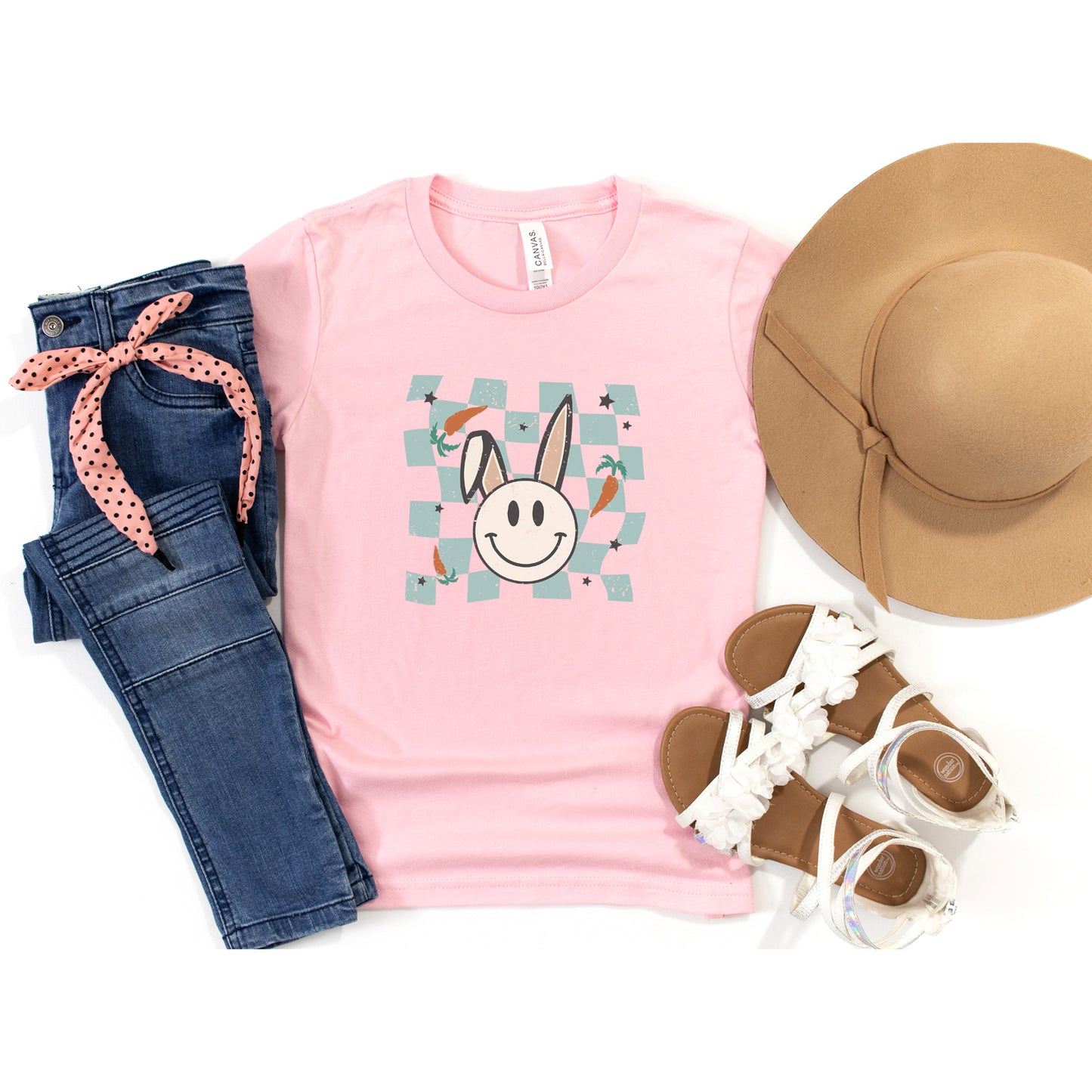 Checkered Smiley Easter Bunny | Youth Short Sleeve Crew Neck