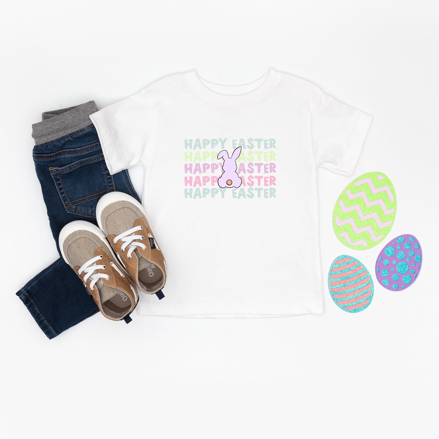 Pastel Happy Easter Stacked | Toddler Short Sleeve Crew Neck