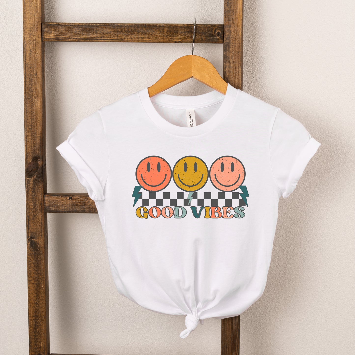 Checkered Good Vibes Smiley Face | Toddler Short Sleeve Crew Neck