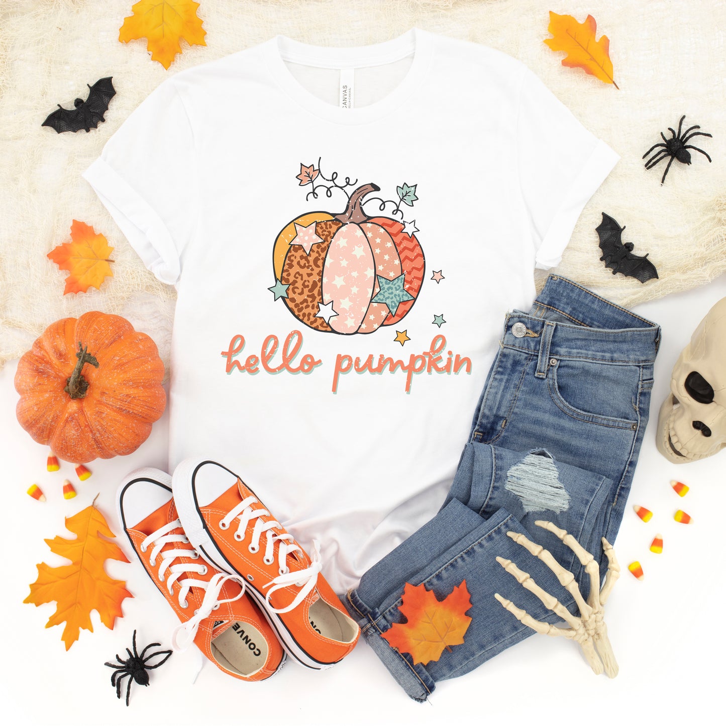 Hello Pumpkin Colorful Stars | Youth Short Sleeve Crew Neck