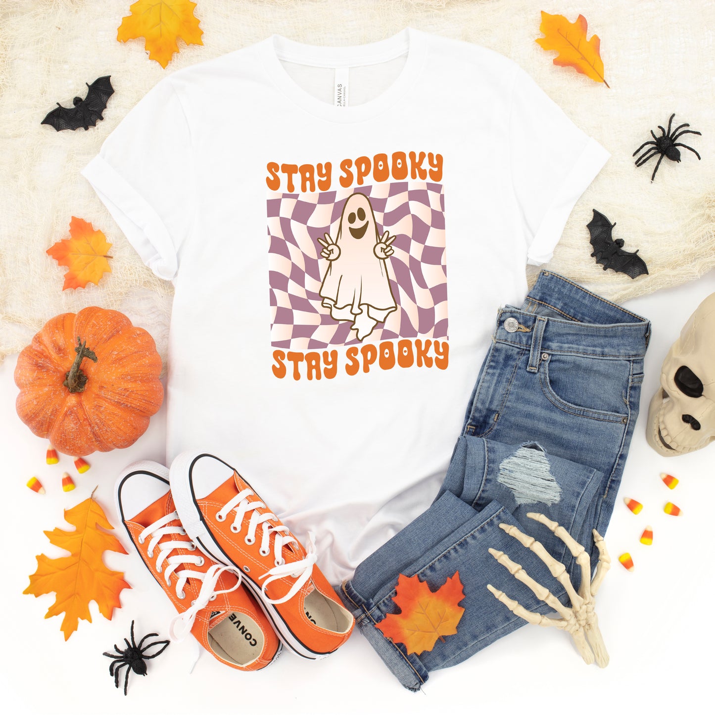 Checkered Stay Spooky Ghost | Youth Short Sleeve Crew Neck