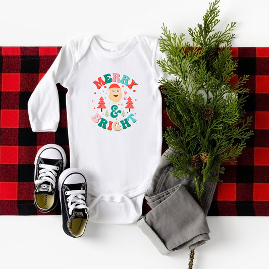 Retro Merry And Bright Santa | Baby Long Sleeve Onesie