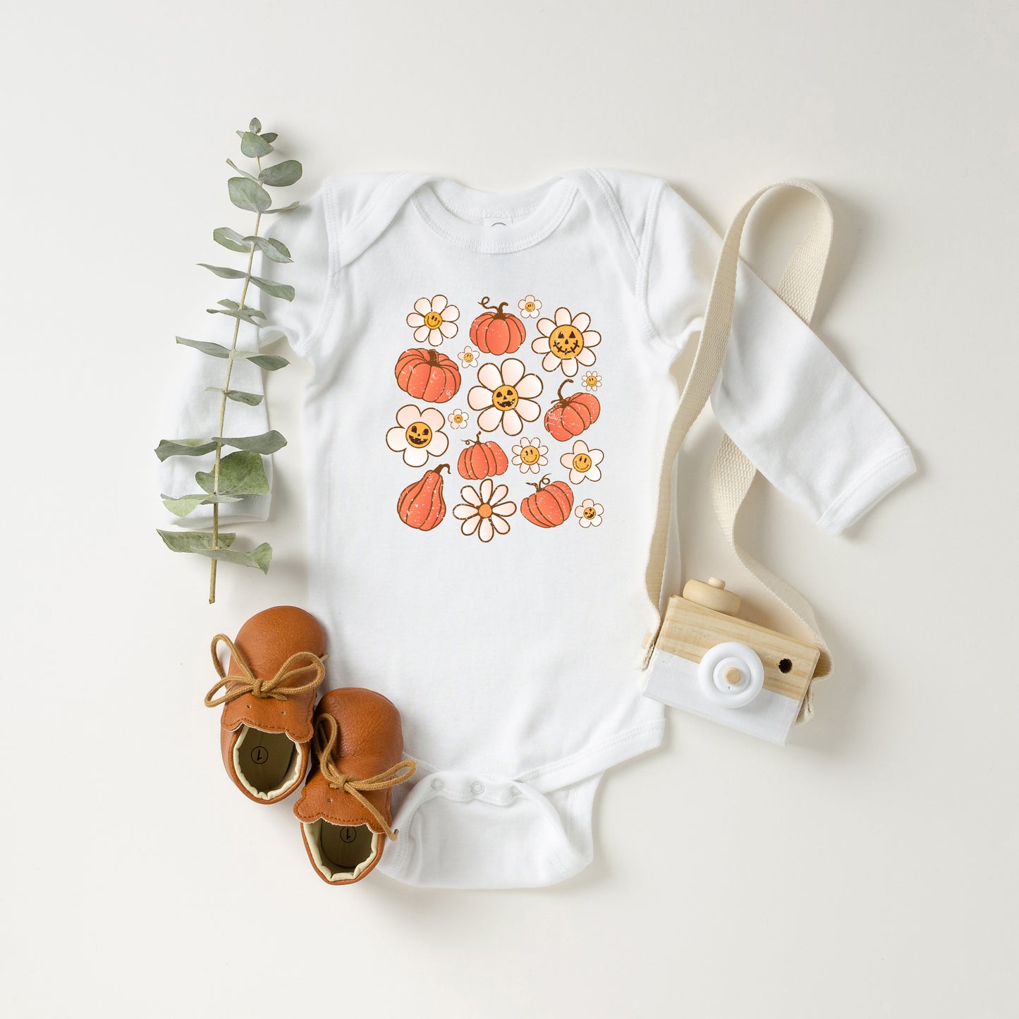 Distressed Flowers And Pumpkins | Baby Long Sleeve Onesie