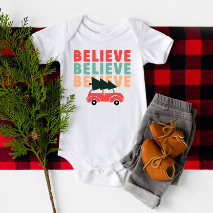 Believe Stacked Car | Baby Onesie