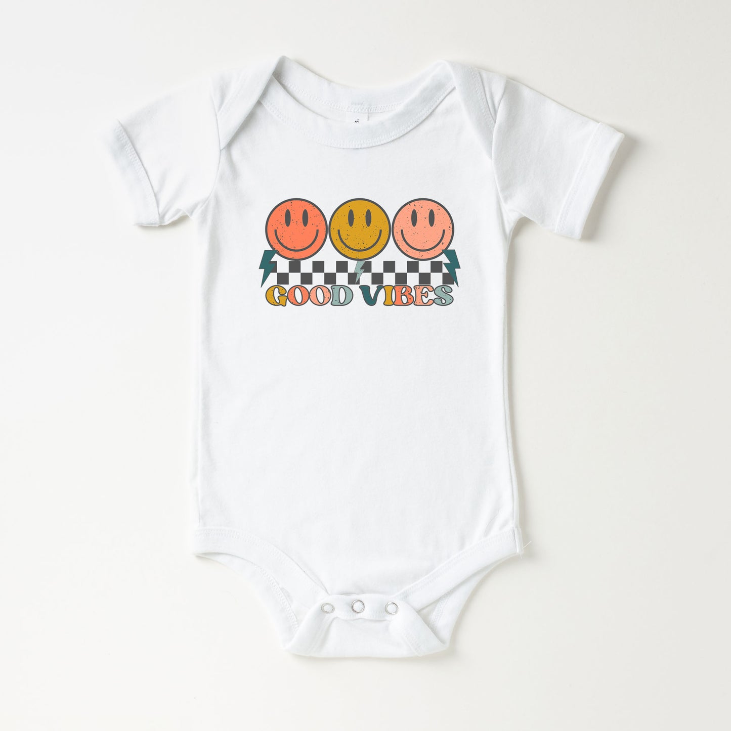 Checkered Good Vibes Smiley Face | Baby Onesie