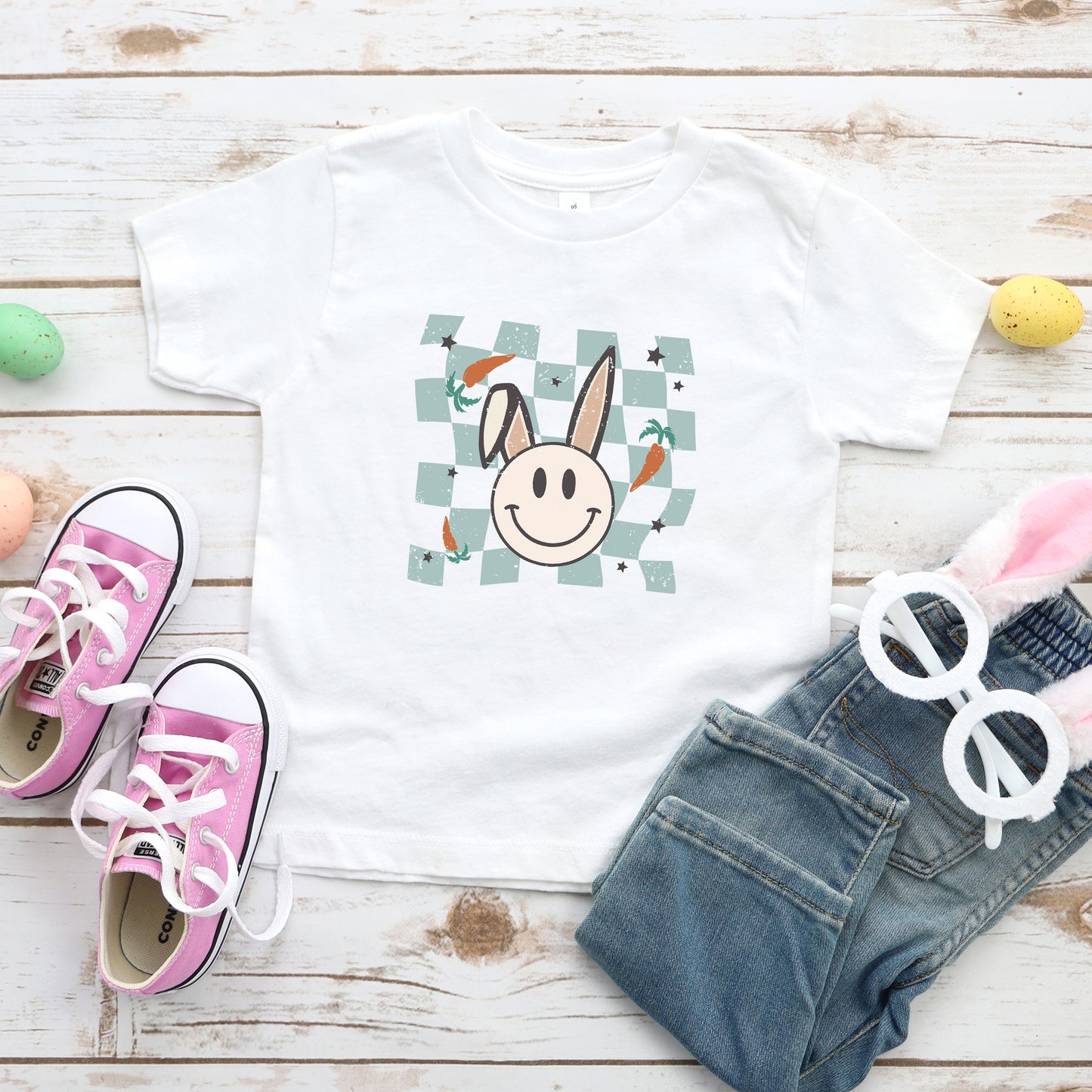 Checkered Smiley Easter Bunny | Toddler Short Sleeve Crew Neck