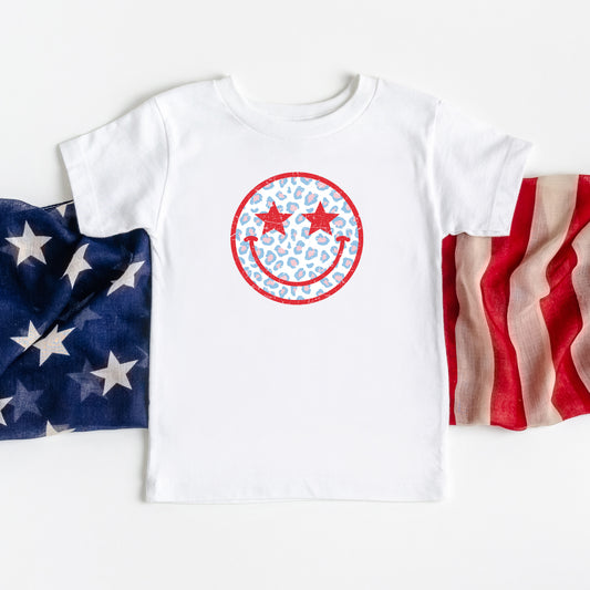 Leopard Patriotic Smiley Face | Toddler Short Sleeve Crew Neck