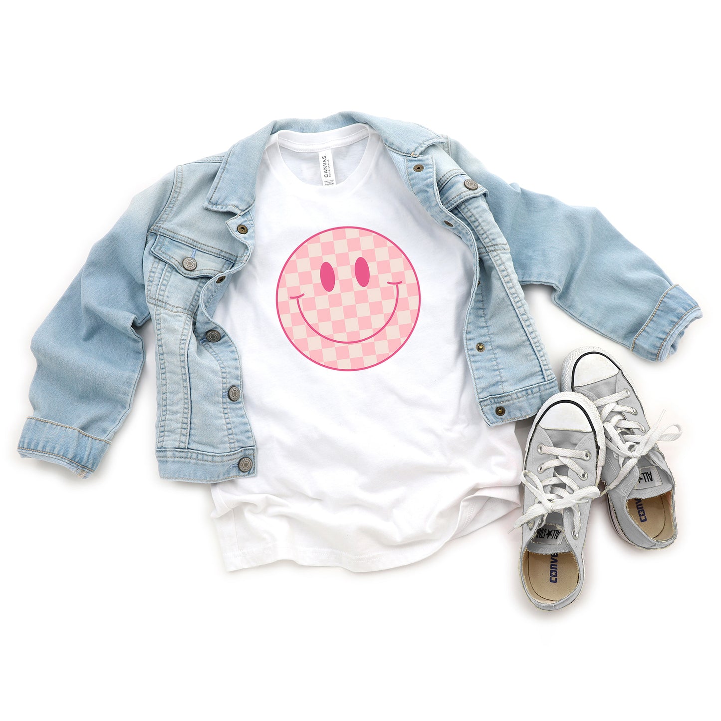 Pink Checker Smiley Face | Youth Short Sleeve Crew Neck